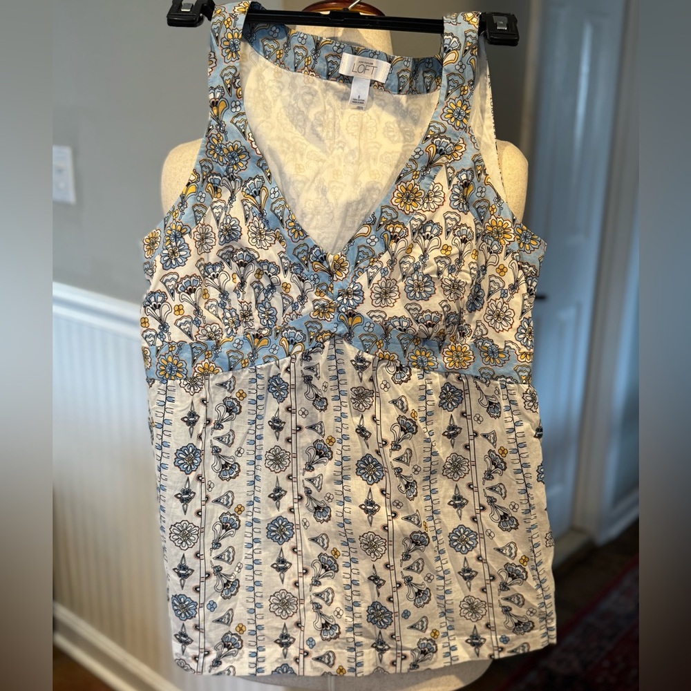 LOFT  Sleeveless V-Neck Floral Tank with Blue & Yellow Accents